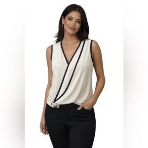 Calvin Klein XS Sleeveless Wrap Top Cream Black Chic Minimalist